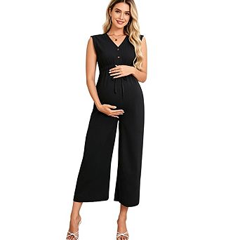 Women Maternity One Piece Casual Sleeveless V Neck Wide Leg Rompers Jumpers Vacation Outfits