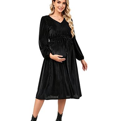 Women's Maternity Long Sleeve V Neck Babydoll Elegant Work Office Dress