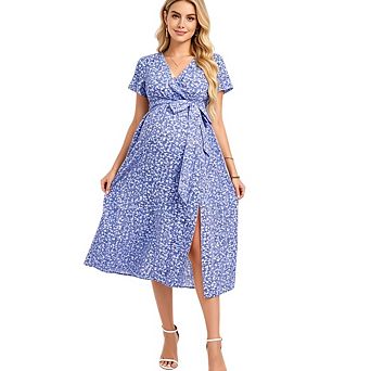 Womens Wrap V Neck Dress Floral A-Line Short Sleeve Casual Sundress