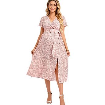 Womens Wrap V Neck Dress Floral A-Line Short Sleeve Casual Sundress