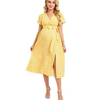 Womens Wrap V Neck Dress Floral A-Line Short Sleeve Casual Sundress