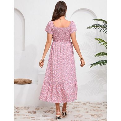 Women's Maternity Short Sleeve Casual Cold Shoulder Floral Dress