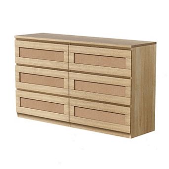 Modern Wide 6 Drawer Rattan Dresser - Spacious Double Chest with Anti-Tip Kit - Storage Solution