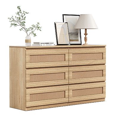 Modern Wide 6 Drawer Rattan Dresser - Spacious Double Chest with Anti-Tip Kit - Storage Solution
