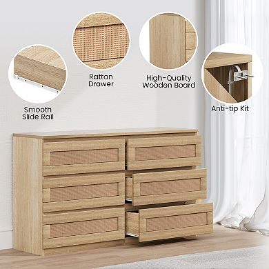 Modern Wide 6 Drawer Rattan Dresser - Spacious Double Chest with Anti-Tip Kit - Storage Solution