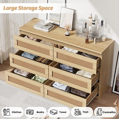 Modern Wide 6 Drawer Rattan Dresser - Spacious Double Chest with Anti-Tip Kit - Storage Solution