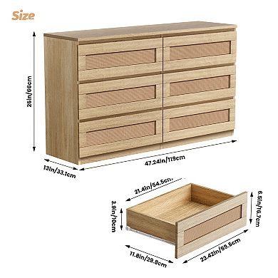 Modern Wide 6 Drawer Rattan Dresser - Spacious Double Chest with Anti-Tip Kit - Storage Solution