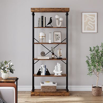 Rustic Farmhouse Bookshelf Industrial Metal Frame Bookcase Storage Display Rack for Home Office