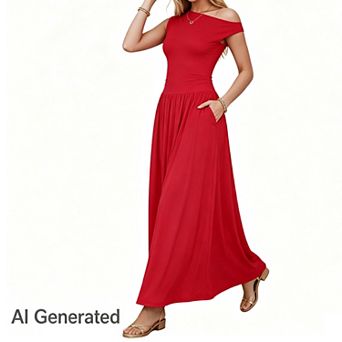 Women's Summer Sleeveless Maxi One Shoulder Casual Slim Swing Pleated Formal Dresses with Pockets