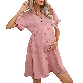 Women Maternity Short Sleeve Button Down Swiss Dot v Neck Dress Baby Shower Photoshoot with Pockets