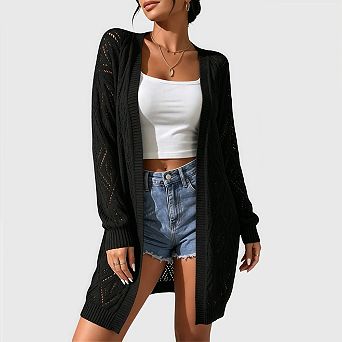 Womens Crochet Cardigan Sweater Boho Solid Color Oversized Open Front Outwear