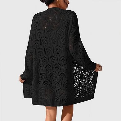 Womens Crochet Cardigan Sweater Boho Solid Color Oversized Open Front Outwear