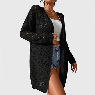 Womens Crochet Cardigan Sweater Boho Solid Color Oversized Open Front Outwear