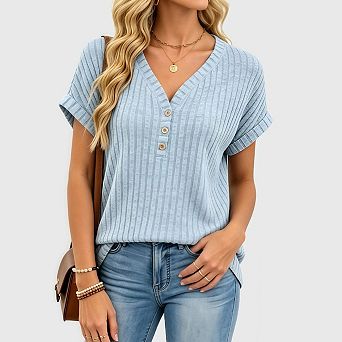 Womens Summer Henley T Shirt Business Casual Dressy V Neck Short Sleeve Loose Fit Tunic Sweater