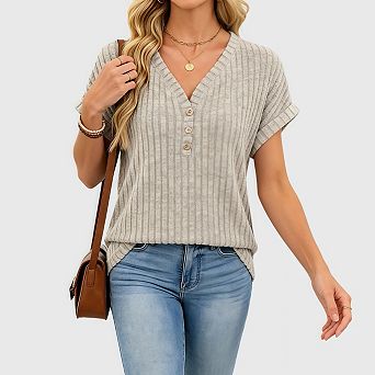Womens Summer Henley T Shirt Business Casual Dressy V Neck Short Sleeve Loose Fit Tunic Sweater
