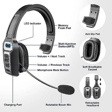 Trucker Bluetooth 5.2 Wireless Headset, Noise Cancelling Mono Ear Headphone with Microphone