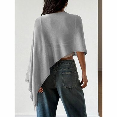Women's Boat Neck Asymmetric Draped Cape Sleeve Cropped Knit Sweater