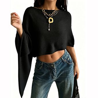 Women's Boat Neck Asymmetric Draped Cape Sleeve Cropped Knit Sweater