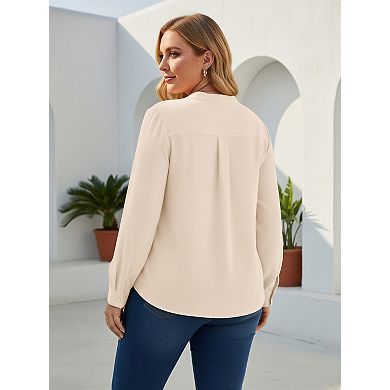 Plus Size V-Neck Blouse for Women Long Sleeve Button Front Work Shirt