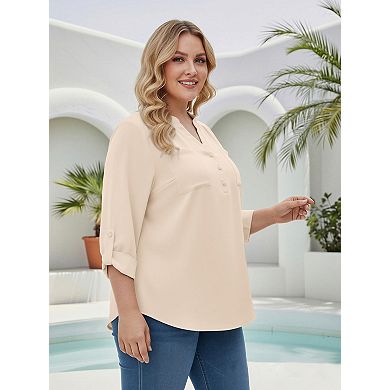 Plus Size V-Neck Blouse for Women Long Sleeve Button Front Work Shirt