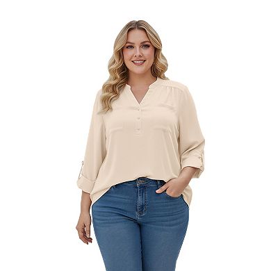 Plus Size V-Neck Blouse for Women Long Sleeve Button Front Work Shirt