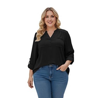Plus Size V-Neck Blouse for Women Long Sleeve Button Front Work Shirt
