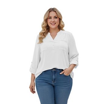 Plus Size V-Neck Blouse for Women Long Sleeve Button Front Work Shirt