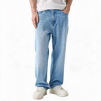 Men’s Straight Leg Washed Denim Jeans Casual Loose Wide Leg Pants