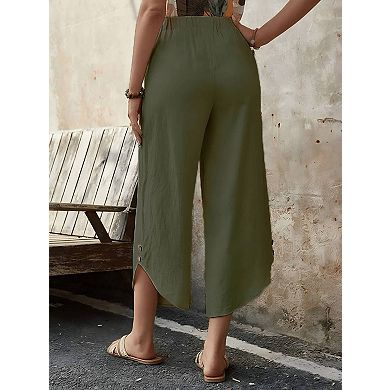 Women Elastic Drawstring Waist Capri Pants Side Button Loose Wide Leg Cropped Trousers