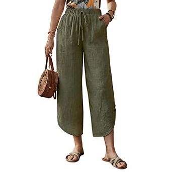 Women Elastic Drawstring Waist Capri Pants Side Button Loose Wide Leg Cropped Trousers