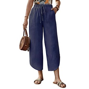 Women Elastic Drawstring Waist Capri Pants Side Button Loose Wide Leg Cropped Trousers