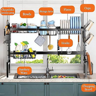 Adjustable Single Layer Dish Rack Carbon Steel - Heavy Duty, Space Saving, Kitchen Sink Organizer
