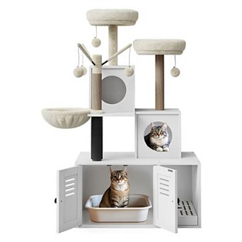 Hidden Cat Litter Box Enclosure with Cat Tree Tower 2-in-1 Pet Washroom Furniture with Hammock