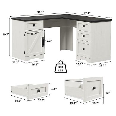 L-Shaped Executive Desk, Farmhouse Corner Computer Desk with File Drawers