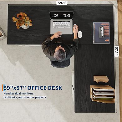 L-Shaped Executive Desk, Farmhouse Corner Computer Desk with File Drawers