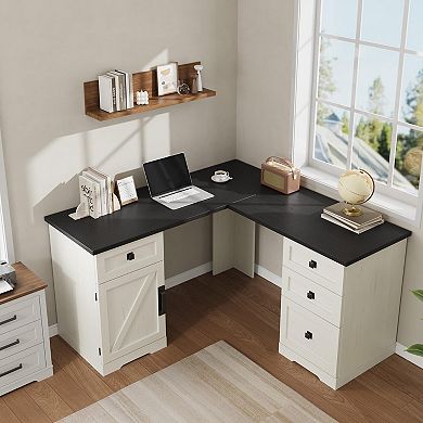L-Shaped Executive Desk, Farmhouse Corner Computer Desk with File Drawers