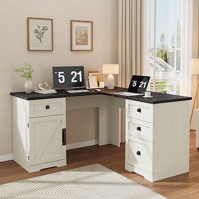 L-Shaped Executive Desk, Farmhouse Corner Computer Desk with File Drawers