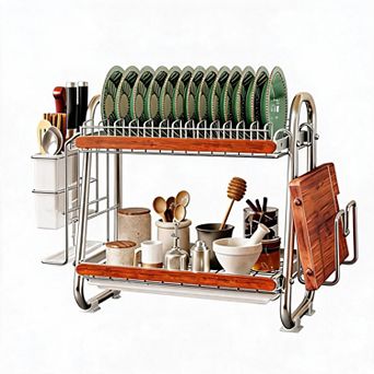 Multi-Functional Stainless Steel Dish Rack, Two-Tier Kitchen Utensil Organizer with Bowl Rack