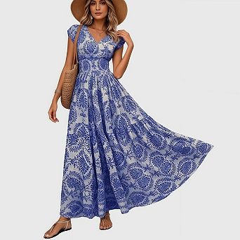 Women's Summer Boho Maxi Dress Casual Floral Smocked V Neck Flowy Tiered A Line Beach Outfits