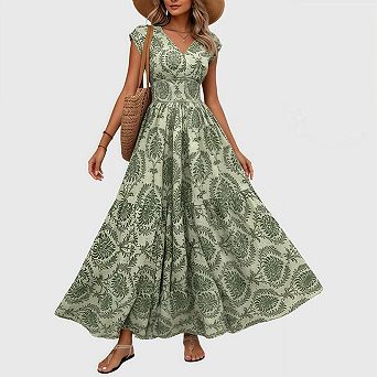 Women's Summer Boho Maxi Dress Casual Floral Smocked V Neck Flowy Tiered A Line Beach Outfits