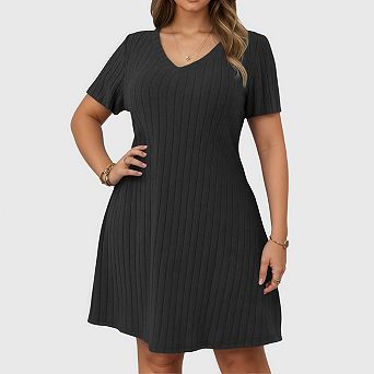 Women's Plus Size A Line T Shirt Dress Short Sleeve V Neck Casual Midi Outfits