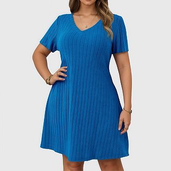 Women's Plus Size A Line T Shirt Dress Short Sleeve V Neck Casual Midi Outfits