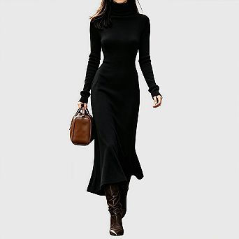 Women's Fall Long Sleeve Maxi Dress Knit Mock Turtleneck Bodycon Casual Going Out Outfits