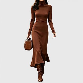 Women's Fall Long Sleeve Maxi Dress Knit Mock Turtleneck Bodycon Casual Going Out Outfits