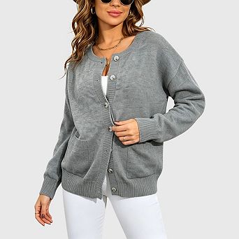 Womens Button Up Cardigans Long Sleeve Crew Neck Fall Soft Lightweight Knit Loose Sweaters Tops