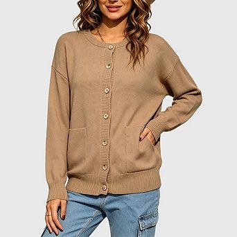 Womens Button Up Cardigans Long Sleeve Crew Neck Fall Soft Lightweight Knit Loose Sweaters Tops
