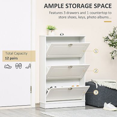 HOMCOM Narrow Shoe Cabinet with 3 Flip Drawers for Entryway