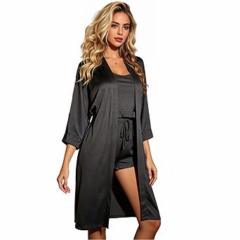 Women's 3 pc Pajama Set, Cami Top, Shorts & Robe, Ruffle Trim Sleepwear