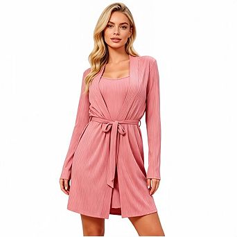 Women's Ribbed Knit 2 pc Loungewear Set, Cami Nightgown & Long Sleeve Robe