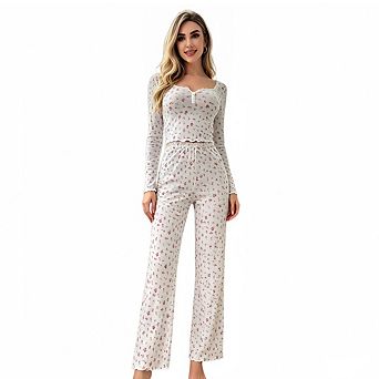 Women's Floral Ribbed Knit Loungewear Set Long Sleeve Top & Flare Pants